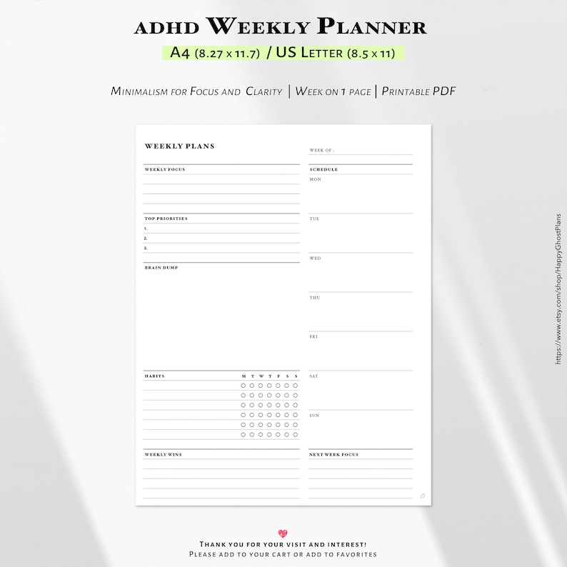 ADHD Weekly Planner, Printable A4, Letter PDF – Simple Weekly Schedule ...