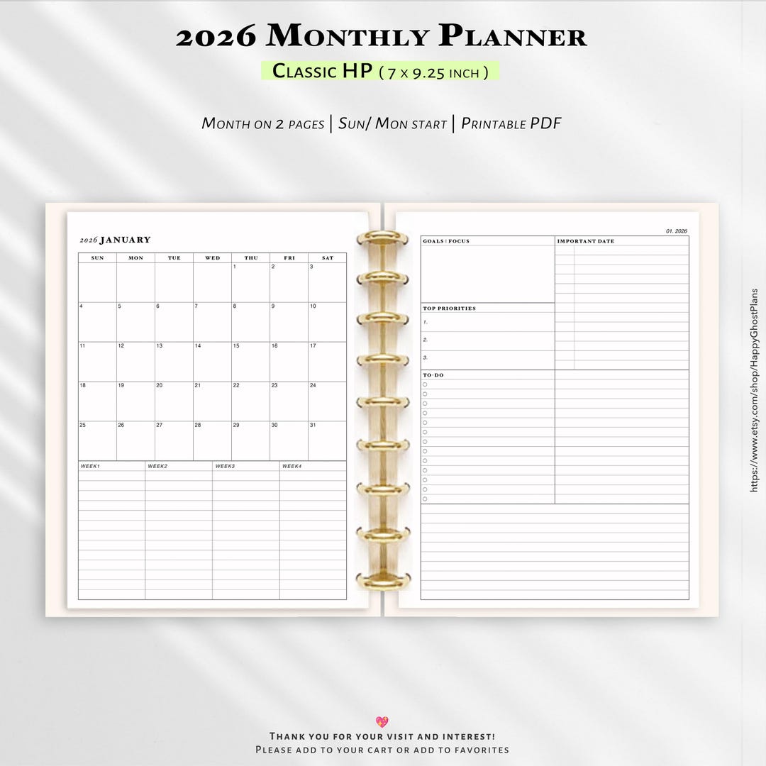 2026 Monthly Planner, Printable Classic Happy Planner Inserts (PDF ...