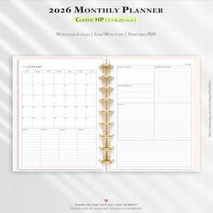 May include: Open planner with a gold binding, featuring a January 2026 calendar layout. The planner is labeled "2026 Monthly Planner" and is "Classic HP" with dimensions of 7 x 9.25 inches. Additional sections include space for goals, priorities, and to-do lists.