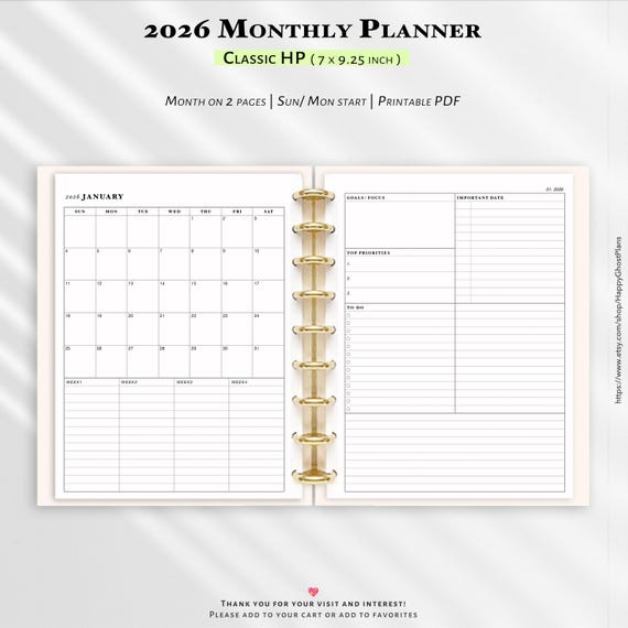 2026 Monthly planner, Printable Classic Happy Planner Inserts (PDF) | M122