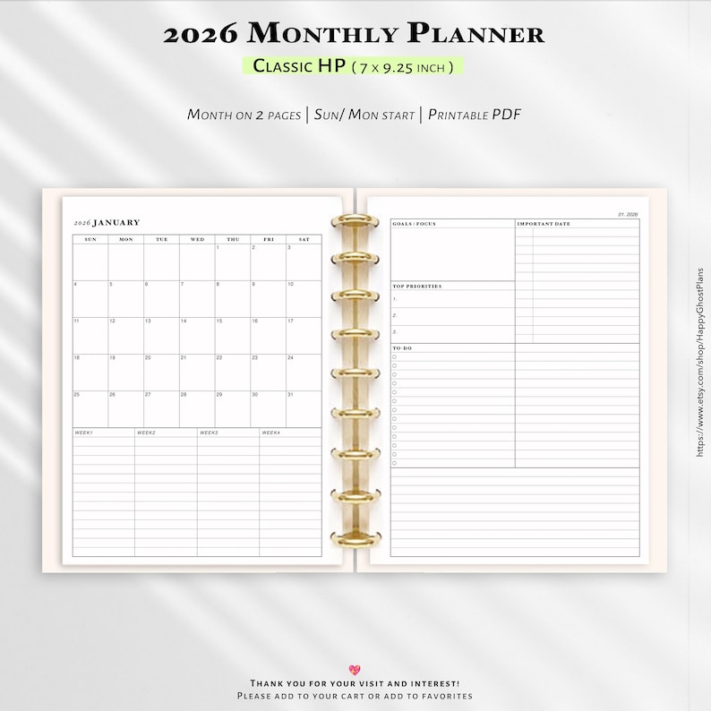 May include: Open planner with a gold binding, featuring a January 2026 calendar layout. The planner is labeled "2026 Monthly Planner" and is "Classic HP" with dimensions of 7 x 9.25 inches. Additional sections include space for goals, priorities, and to-do lists.