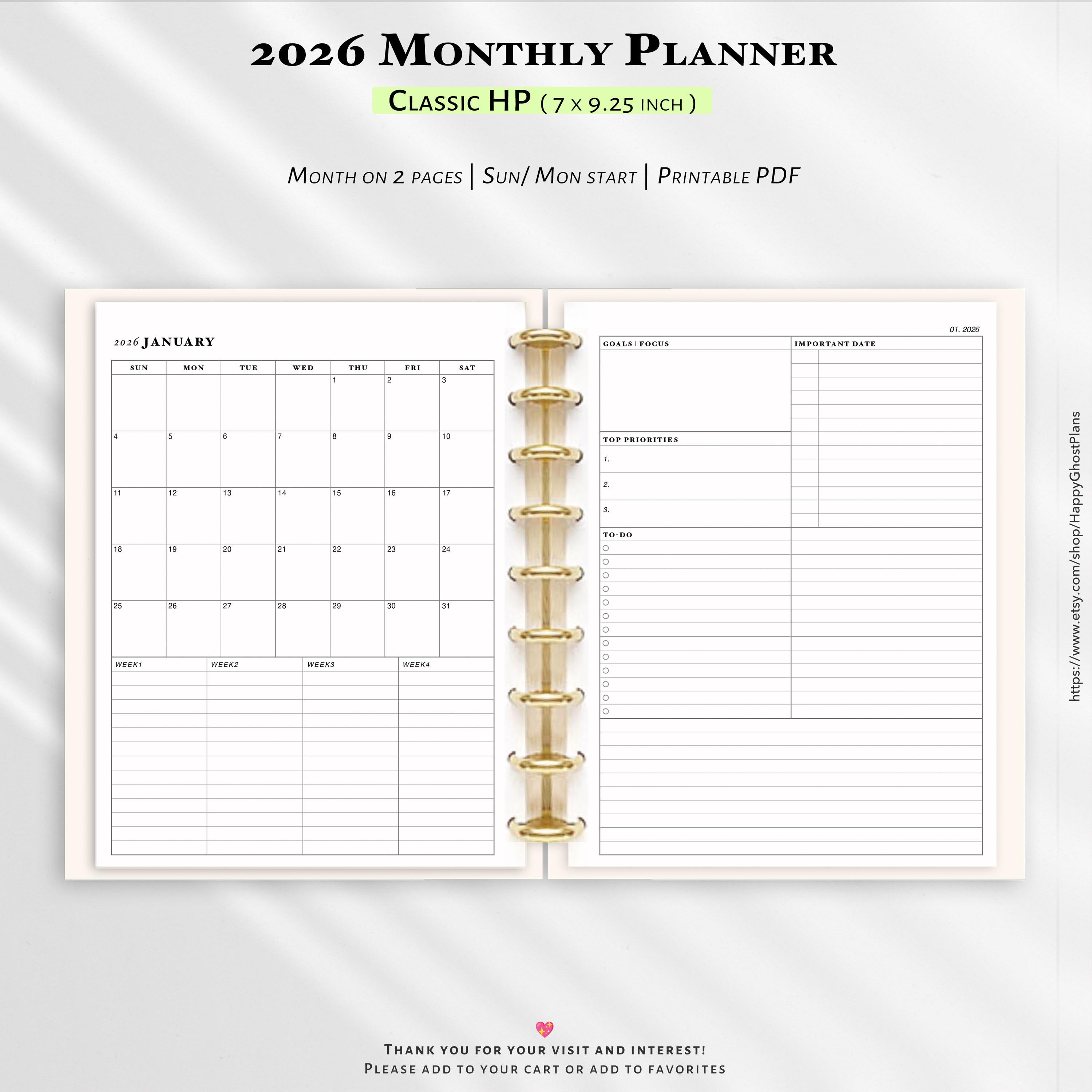 2026 Monthly Planner, Printable Classic Happy Planner Inserts (PDF