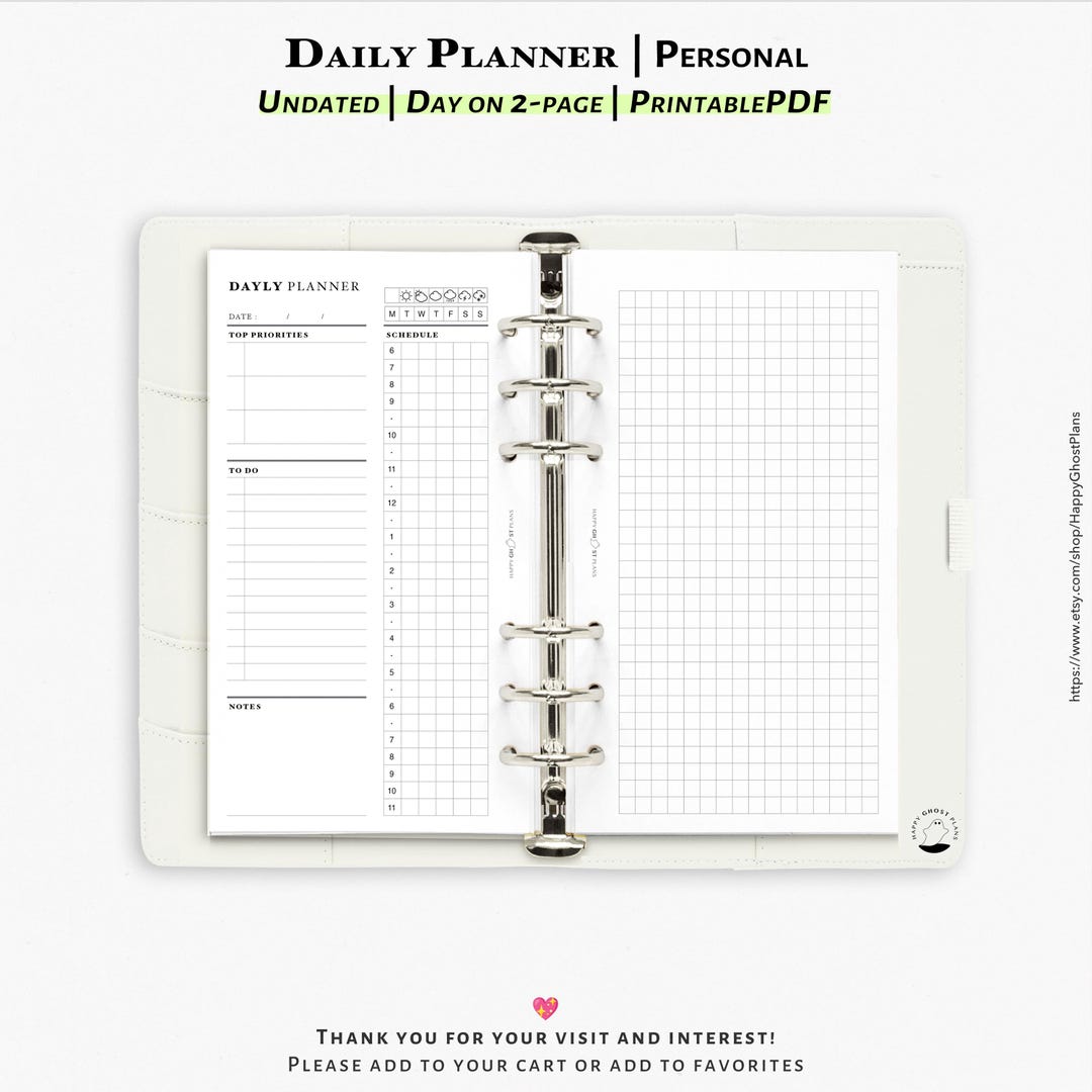 Personal Size Daily Planner Insert: Printable Undated Grid Journal (PDF ...