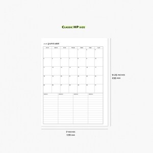 May include: A white planner page with a 2026 January calendar grid, measuring 7 inches wide (178 mm) and 9.25 inches tall (235 mm). The page includes weekly planning sections. The text "CLASSIC HP SIZE" is at the top.