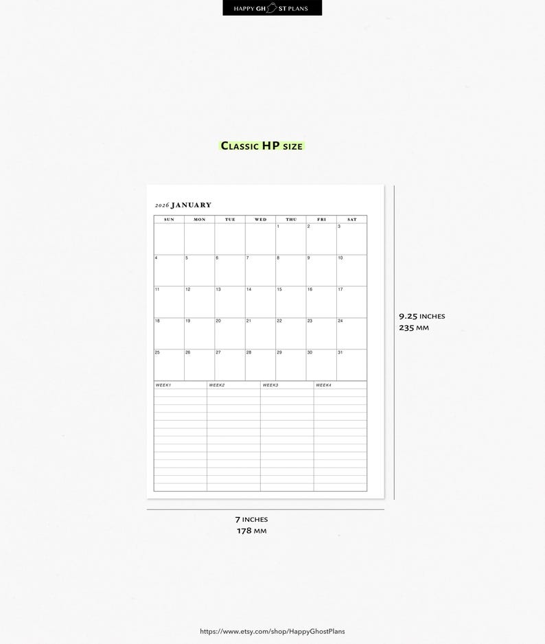 May include: A white planner page with a 2026 January calendar grid, measuring 7 inches wide (178 mm) and 9.25 inches tall (235 mm). The page includes weekly planning sections. The text "CLASSIC HP SIZE" is at the top.