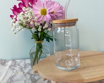 Custom Name Iced Coffee Soda Beer Can Glass- with Bamboo Lid and Glass Straw