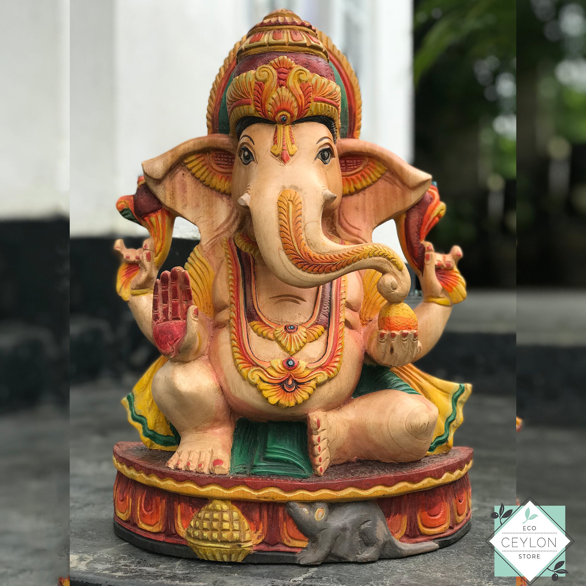 Hand Carved Hindu God Gansh Wooden Colorful Statue, Hindu Elephant Headed God