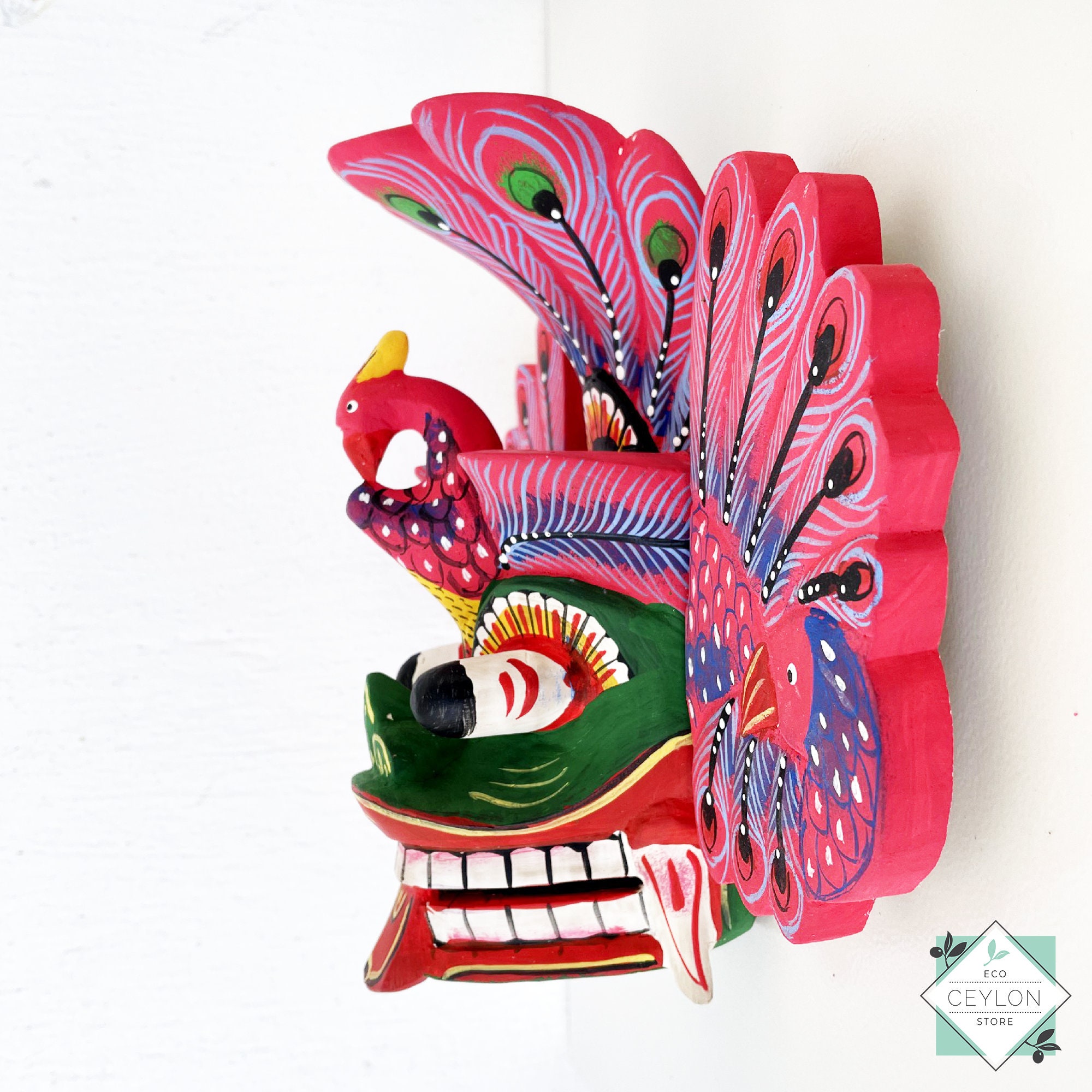 Hand Carved Wooden Pink Color Wall Decor Mask Mayura Raksha, Vintage