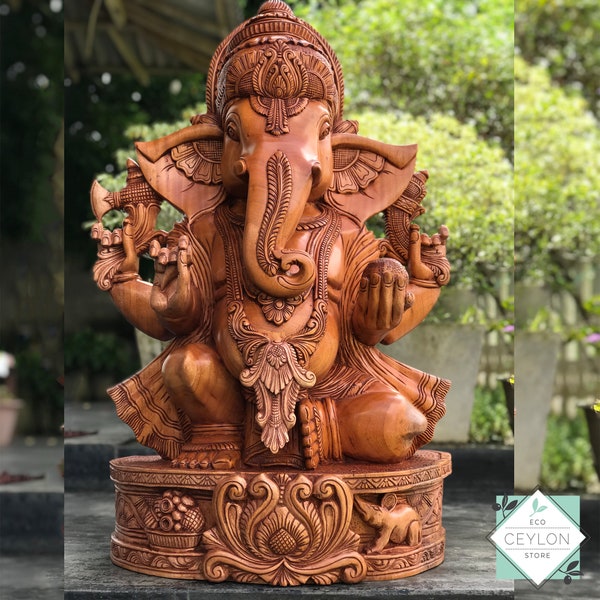 Wooden God Ganesh Hindu Elephant God Statue, Hand Carved Wooden Ganesha Elephant Headed Hindu God Sculpture