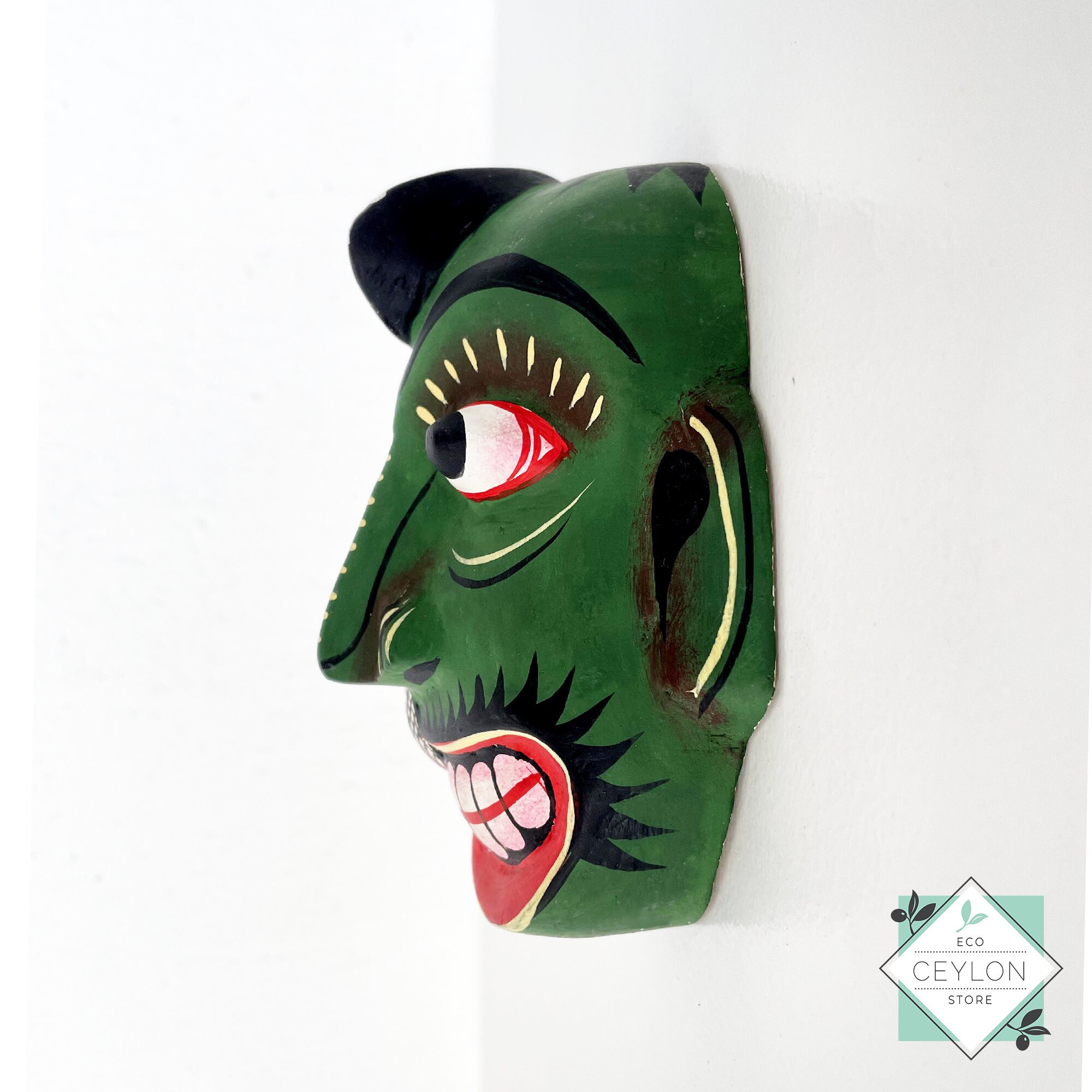 Hand Carved Wooden Green Color Wall Decor Wall Hang Sanni Mask