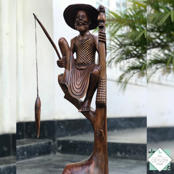 Statua di pescatore in legno intagliato a mano, pescatore su trampoli di legno con statua regalo pescatore con canna