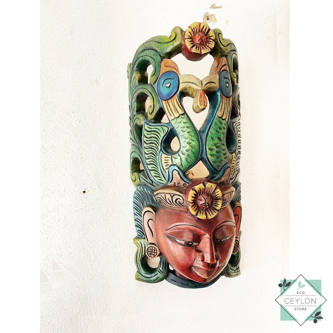 Wooden Peacock Goddess Mask Wall Decor, Wall Hang Mask Deco, Ritual