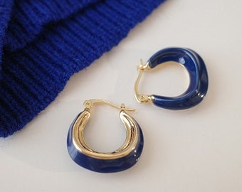 14k Gold Plated Klein blue Hoop Earrings | French Retro Style Gold Hoops | Hypoallergenic | Minimalist Chic Earrings