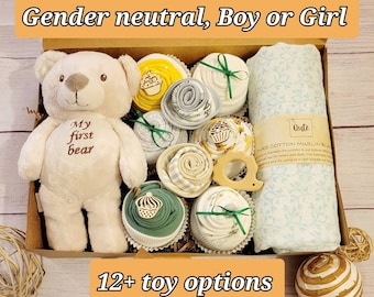 Qute unisex / gender neutral / boy / girl baby gift box , 6 baby bodysuits, 2 Bibs, 100% cotton swaddle blanket, infant toy and wooden toy