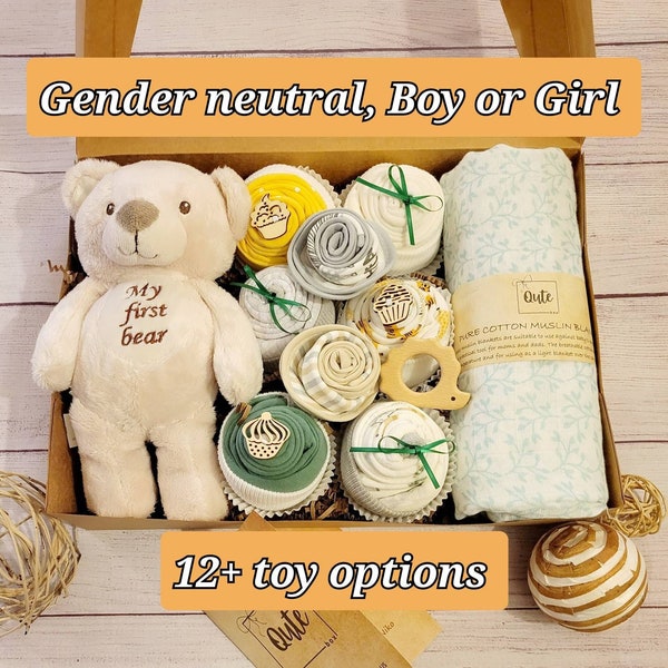Qute unisex / gender neutral / boy / girl baby gift box , 6 baby bodysuits, 2 Bibs, 100% cotton swaddle blanket, infant toy and wooden toy