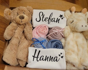 Qute personalized Twins box / basket, 2 infant toys with rattle, 2 personalized custom Onesies®, 2 bodysuits and 2 bibs, b+b,b+g, or neutral