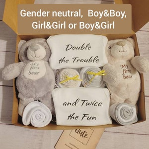 Qute personalized Twins box / basket, 2 infant toys with rattle, 2 personalized custom Onesies®, 2 bodysuits and 2 bibs
