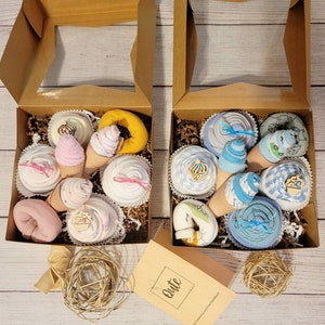 Qute Box of Sweets - 4 bodysuit cupcakes, 2 bib donuts and 3 wash cloth ice creams!  Pick the gender - Gender neutral, baby boy or baby girl