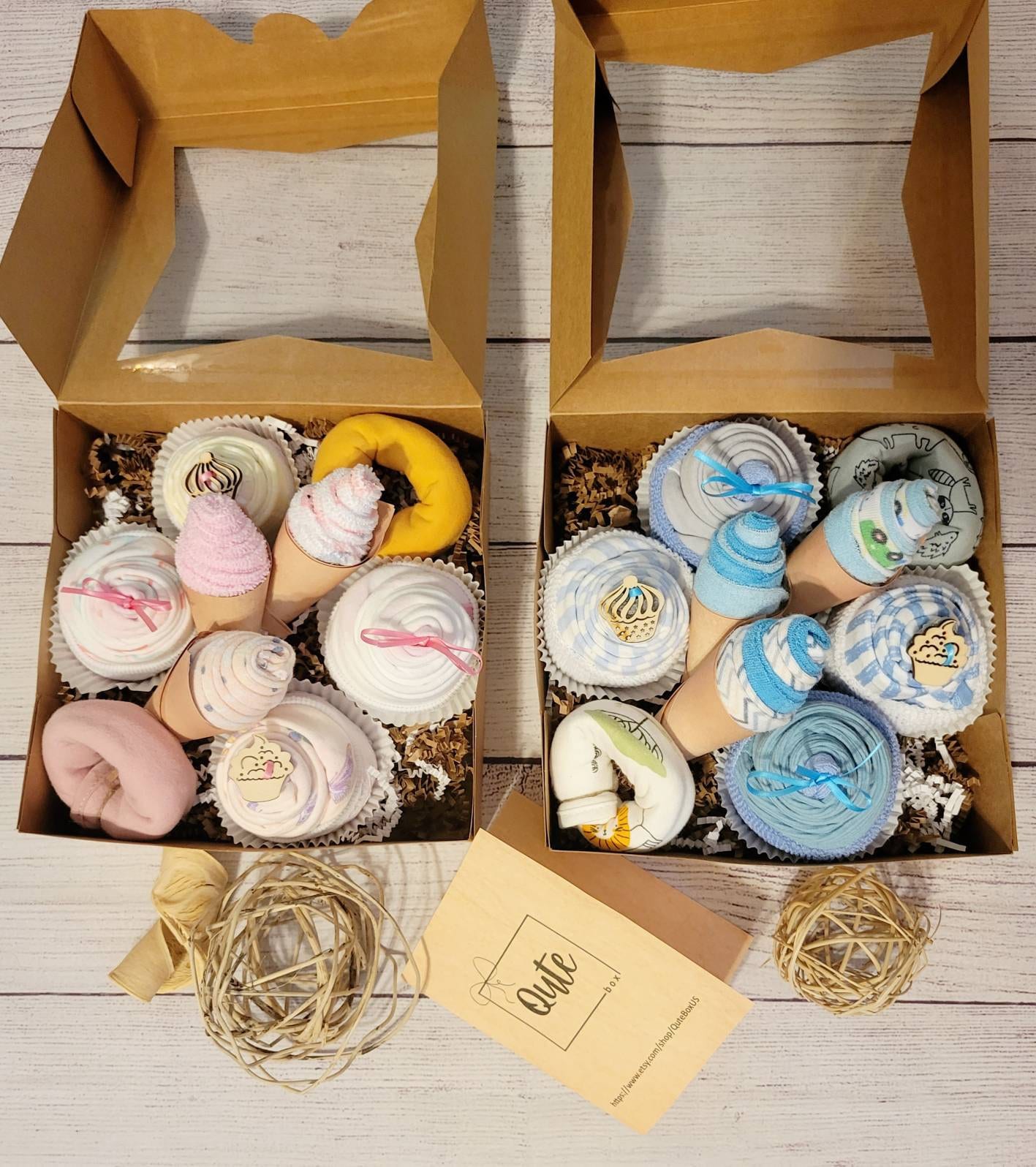 Qute Box of Sweets - 4 onesie cupcakes, 2 bib donuts and 3 wash cloth…