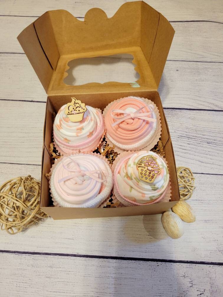 Qute Baby Girl Onesie Cupcake gift box option to add personalized bin…