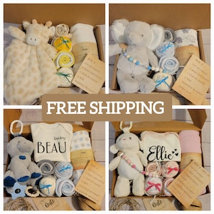 Baby Geschenkbox / Geschenkbox für Junge / Mädchen, 2 Strampler, 2 Lätzchen, 100% Baumwolle Swaddle und Spielzeug