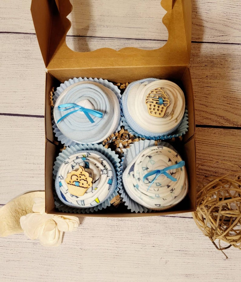 Qute Baby Boy bodysuit Cupcake gift box option to add Personalized clip with name, image 2