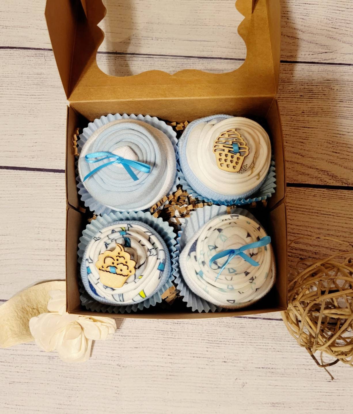 Qute Baby Boy Onesie Cupcake gift box, option to add Personalized cus…