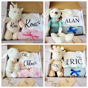 Qute Personalized baby girl or baby boy gift box , Infant toy with name, personalized bodysuit, pacifier clip with name