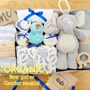 Delux ORGANIC Qute  gift box.  Pick the gender -Gender neutral, baby boy or baby girl, ORGANIC baby clothes, organic swaddle, organic cotton