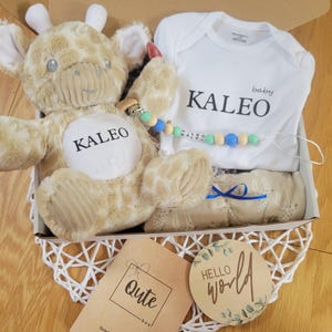 Qute Personalisierte Baby-Geschenkbox für Babys, Säuglingsspielzeug mit Namen, personalisierter Bodysuit, Schnullerclip mit Namen