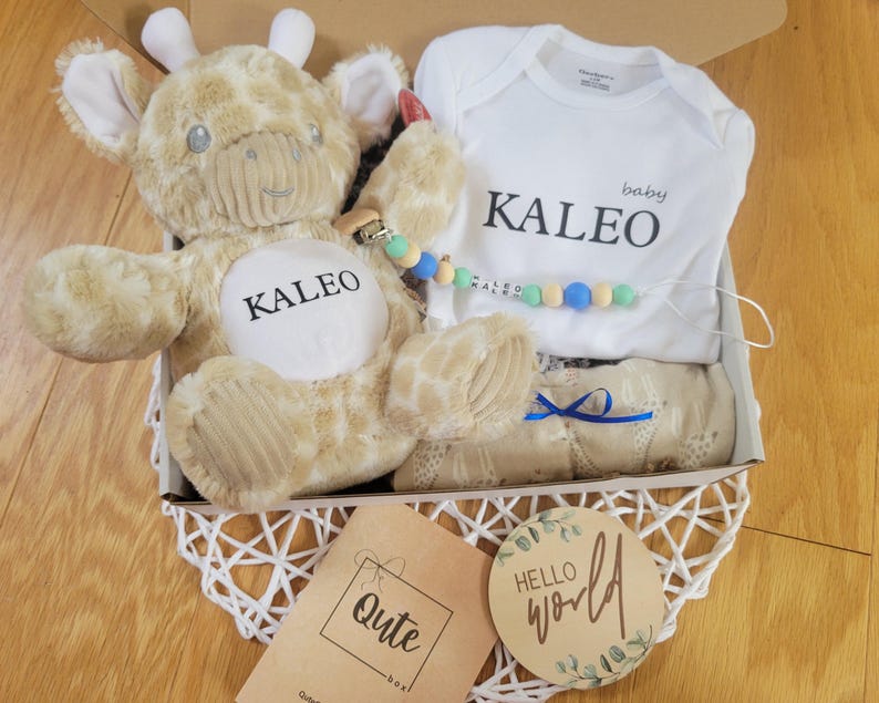 Qute Gepersonaliseerde geschenkdoos voor babymeisje of babyjongen, speelgoedbaby met naam, gepersonaliseerd rompertje, clip met naam