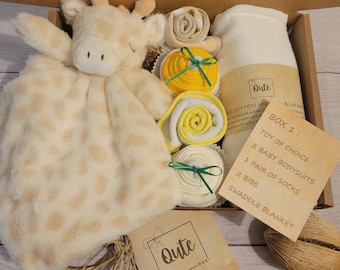 Qute unisex, gender neutral, boy, girl baby gift box , 2 baby bodysuits , 2 Bibs, 100% cotton swaddle blanket and  toy