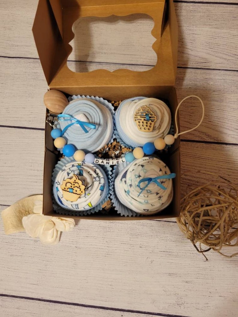Qute Baby Boy bodysuit Cupcake gift box option to add Personalized clip with name, image 4