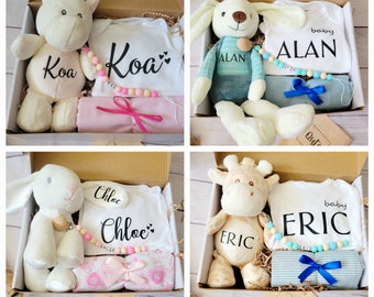 Qute Personalized baby girl or baby boy gift box , Infant toy with name, personalized bodysuit, pacifier clip with name