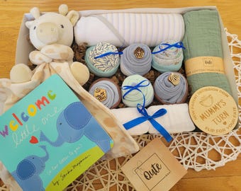 Newborn Gift Box – Bodysuit Cupcakes, Muslin Swaddle, Infant Toy