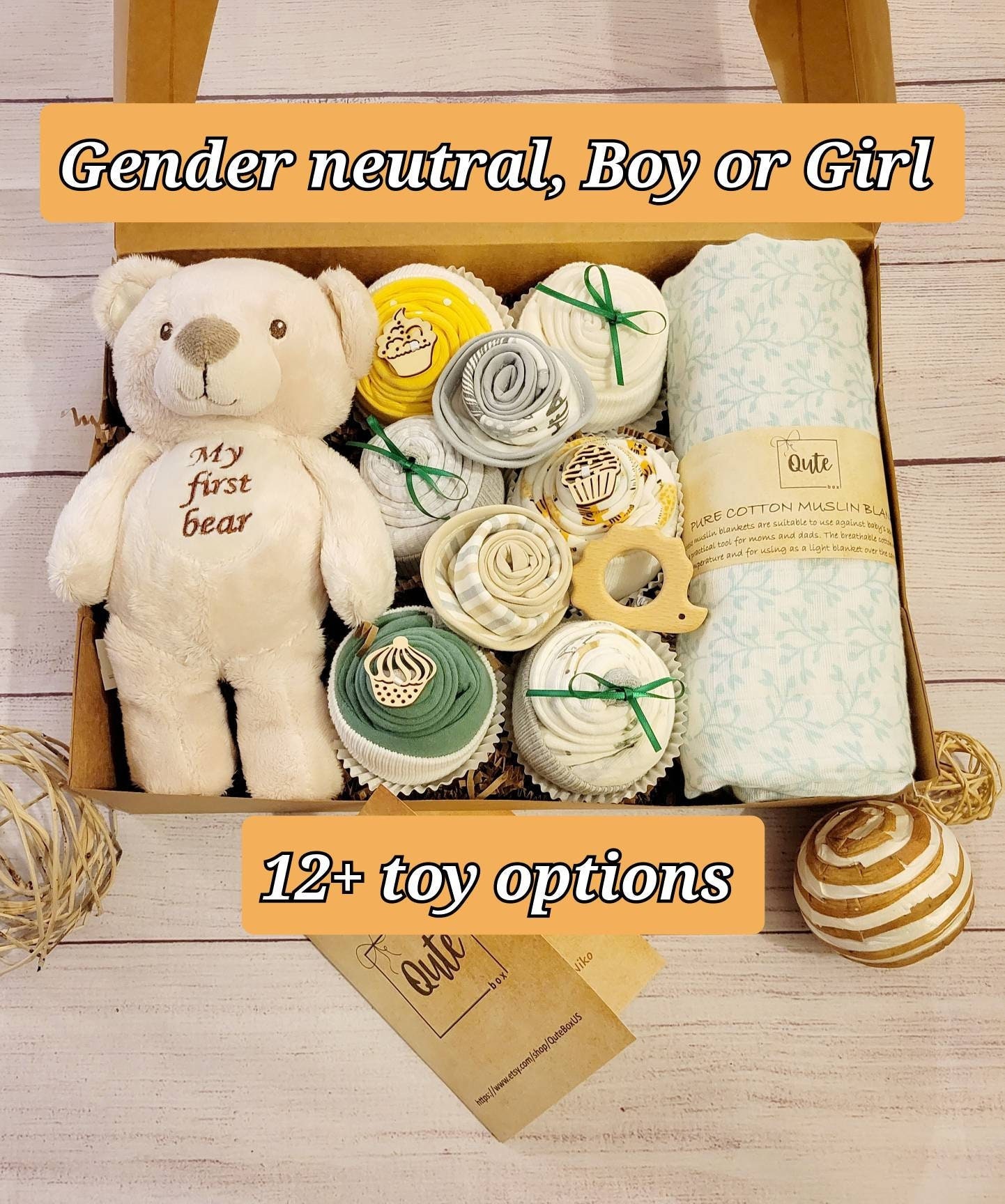 Qute unisex / gender neutral / boy / girl baby gift box , 6 baby bodysuits, 2 Bibs, 100% cotton swaddle blanket, infant toy and wooden toy