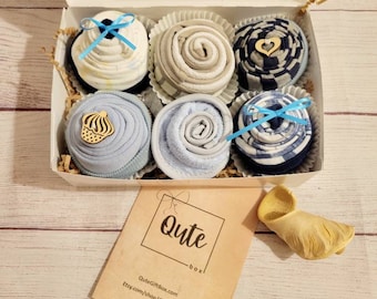 Qute Baby Boy bodysuit Cupcake gift box  option to add Personalized  Pacifier / Binky  clip with name, baby gift