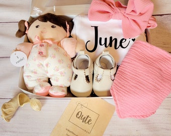 Qute personalized baby girl gift box / basket. Includes toy, custom bodysuit,  baby shoes, bib and bow set