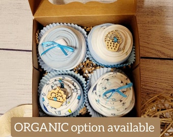 Qute Baby Boy bodysuit Cupcake gift box  option to add Personalized  Pacifier / Binky  clip with name,