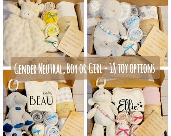 Ensemble unisexe / non sexiste / coffret cadeau pour bébé garçon / fille , 2 bodys pour bébé , 2 bavoirs, un lange 100 % coton et un jouet pour bébé