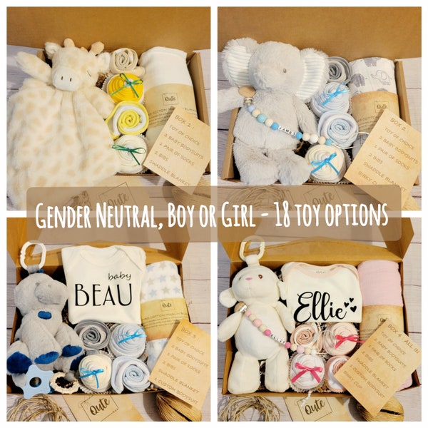 Qute unisex / gender neutral / boy / girl baby gift box , 2 baby bodysuits , 2 Bibs, 100% cotton swaddle blanket and  infant toy