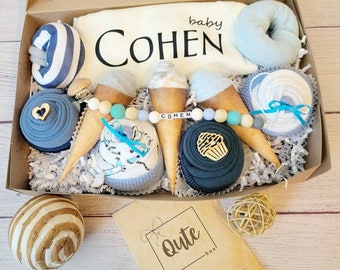 Baby Shower Gift Set, baby clothes, custom baby outfit, newborn gift, Bodysuit Cupcakes, Bib Donuts, Washcloth Ice Creams