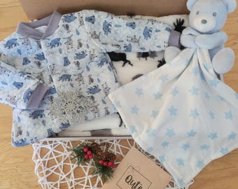 Christmas Baby Gift Box, Bear Romper, Plush Blanket, Personalized Card