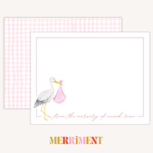 Papelería con cigüeña para niña / De la guardería de tarjetas / Papelería con cuadros rosas / Agradecimiento / Notas personalizadas para baby shower / Digital