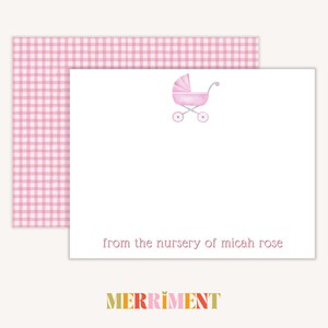 Landau pour bébé fille à l'arrêt | De la pépinière des cartes | Papeterie Vichy rose | Merci | Notes de baby shower | Numérique personnalisé