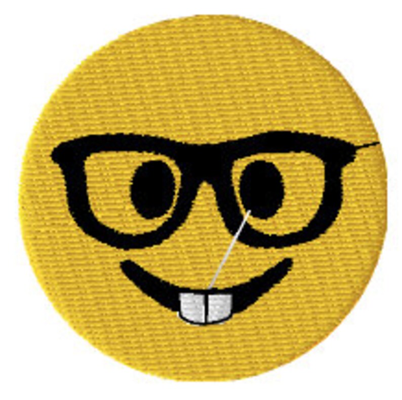 May include: Yellow smiley face with black glasses and a single tooth sticking out. The smiley face has a small black needle sticking out of its right eye.
