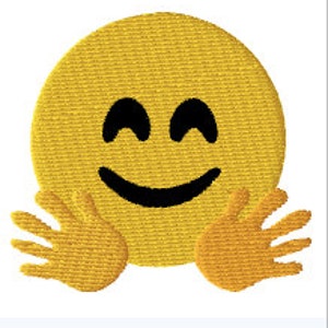 May include: Yellow smiley face emoji with closed eyes and a big smile, with two yellow hands outstretched in a hugging gesture.