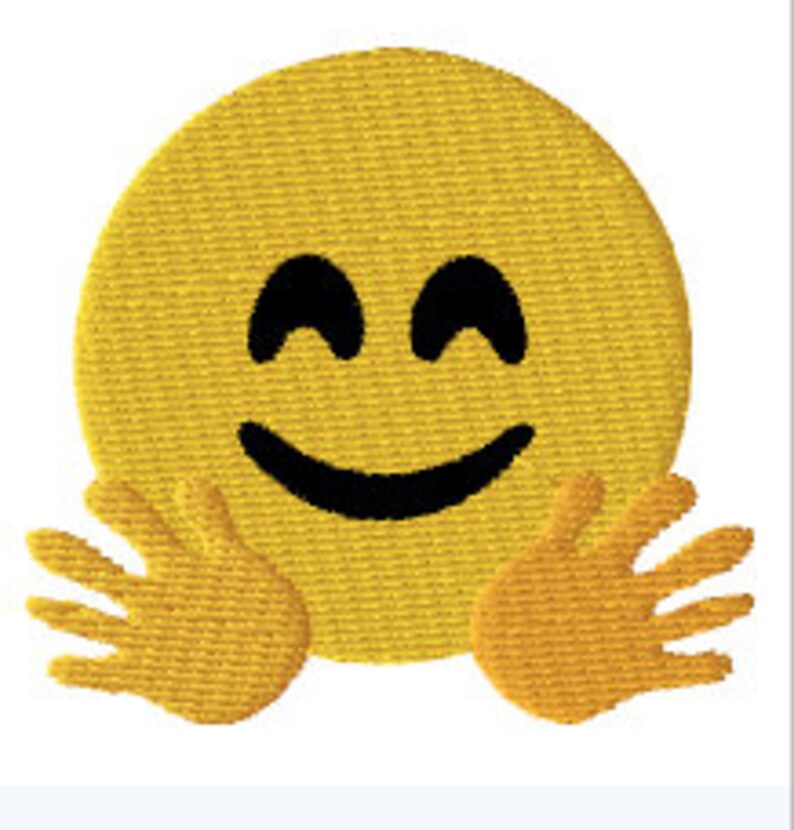 May include: Yellow smiley face emoji with closed eyes and a big smile, with two yellow hands outstretched in a hugging gesture.