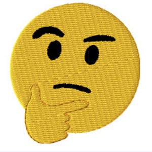 May include: A yellow emoji with a thoughtful expression, one eyebrow raised, the other slightly furrowed, and a hand resting on the chin. The emoji has black eyes and a black mouth.