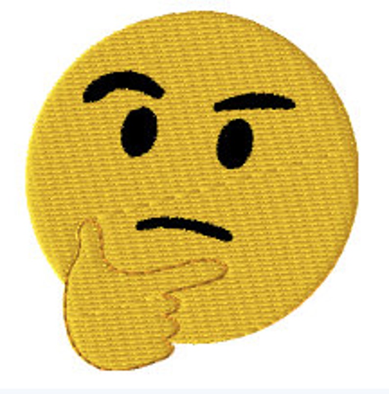 May include: A yellow emoji with a thoughtful expression, one eyebrow raised, the other slightly furrowed, and a hand resting on the chin. The emoji has black eyes and a black mouth.